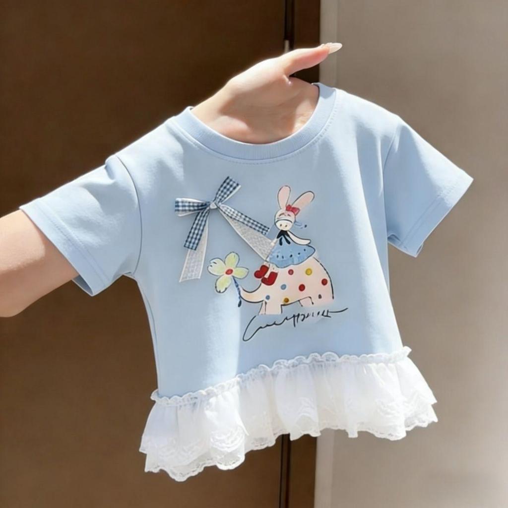 Yicoco の Children's Clothing Store Girls Printed Short-Sleeved 80-130 Size Cute Summer Lace Cartoon Korean Version Children Fashionable Trendy
