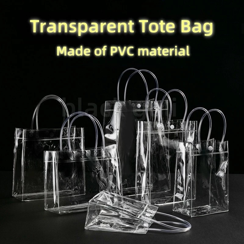 Clear Transparent PVC Gift Tote Packaging Bag Button Hand Loop Shopping Goodies Travel Plastic Handbag Cosmetic Beg