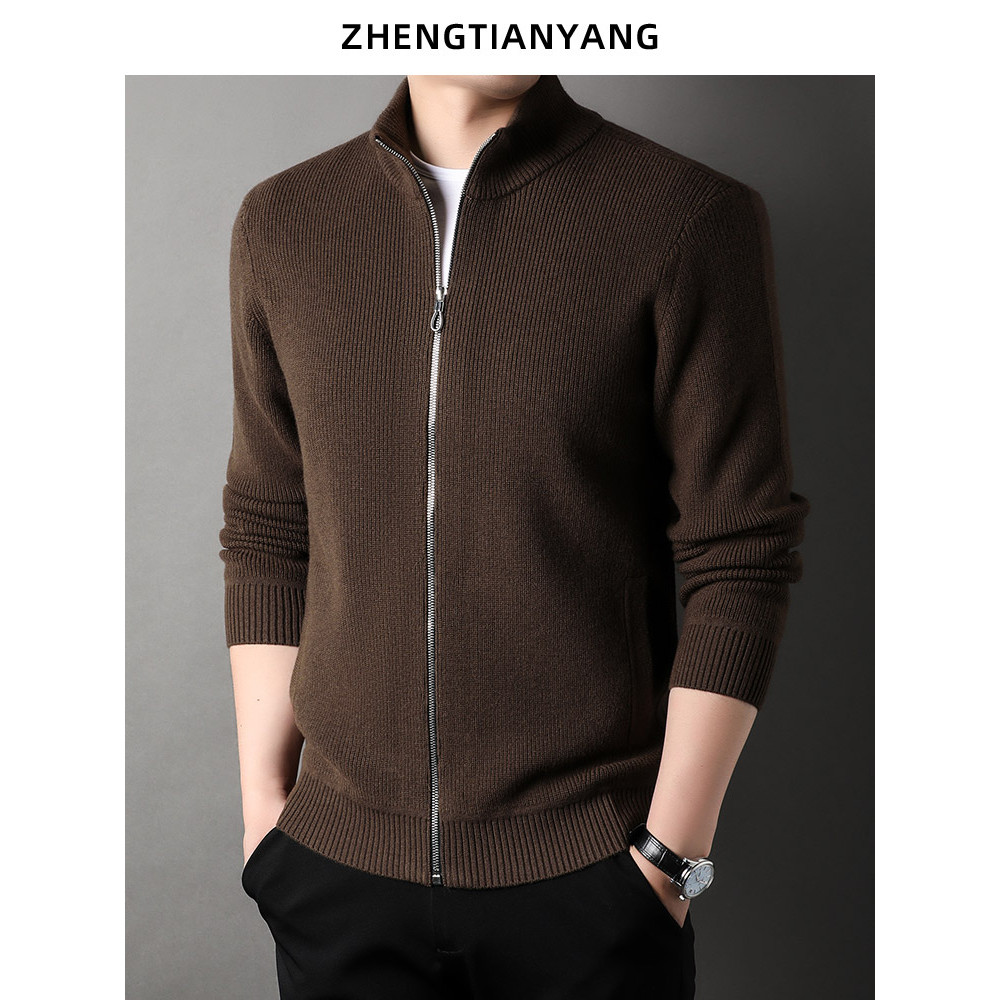 Stand-Up Collar Long-Sleeved Cardigan Sweater Men Thickened Fine Spinning Pure Wool Sweater Autumn Win