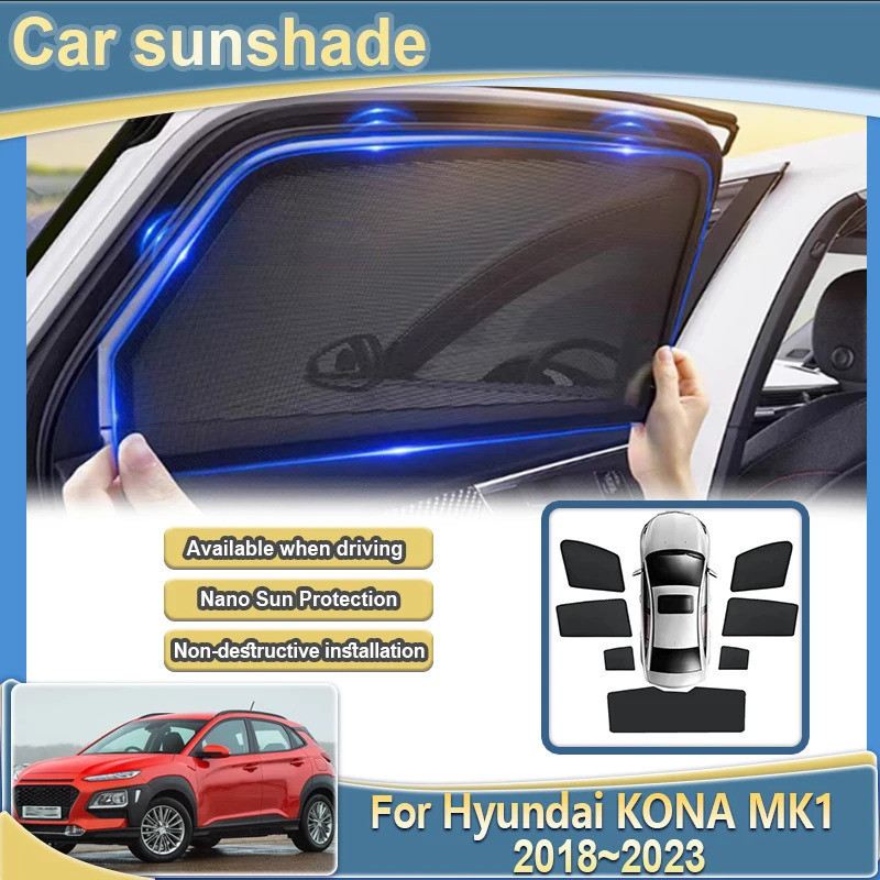 Car Side Window Sun Shade For Hyundai KONA Encino OS 2018~2023 MK1 Car Mesh Sun Visor Sunshade Covers Sunscreen Light blocking Curtains Privacy Auto Parts
