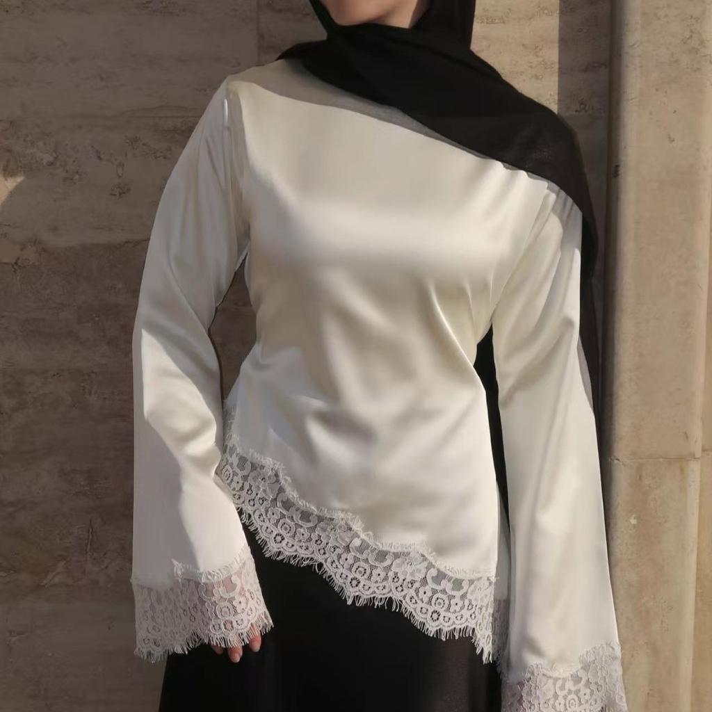 French Style Solid Satin Shirt - Round Neckline, Lace Cuffs & Hem, Irregular Hem; Perfect With Skirts