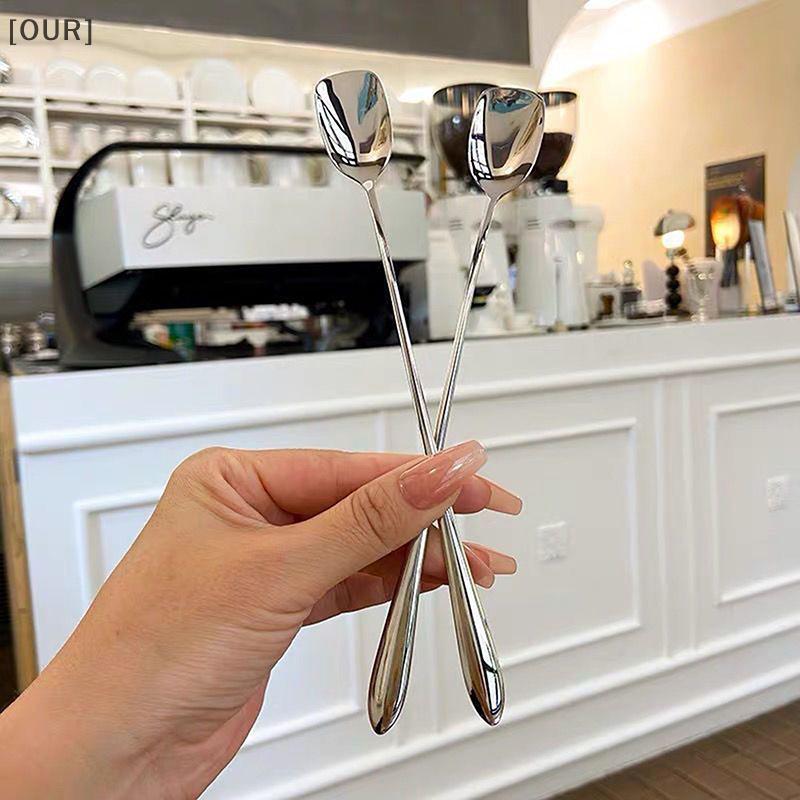 [OUR] Stainless Steel Round Spoon Net Red Golden Dinner Long Handle Stirring Dessert Spoons For Kitchen Accessories Gadgets null