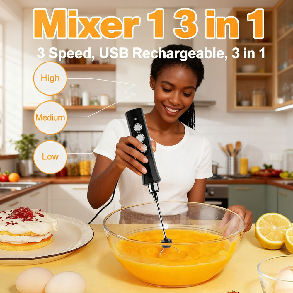 3 in 1 Handheld Electric Milk Frother Whisk Foam Maker Egg Mixer 3 speed adjustable Usb…