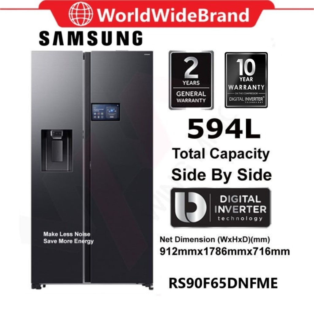 Samsung RS90F65DNFME Bespoke AI SBS Refrigerator 9"LCD AI Home 594L (Fridge Peti Ais Peti Sejuk 电冰箱)