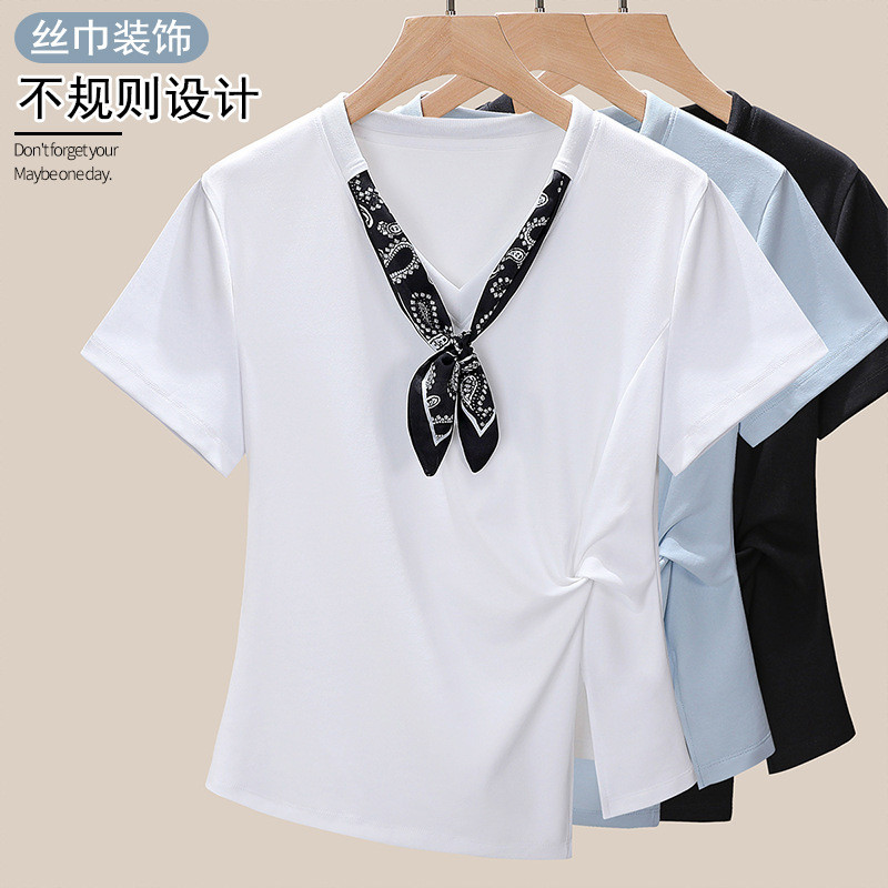 High-End Silk Scarf Detail T-Shirt - Summer Fashion for Plus Sizes
