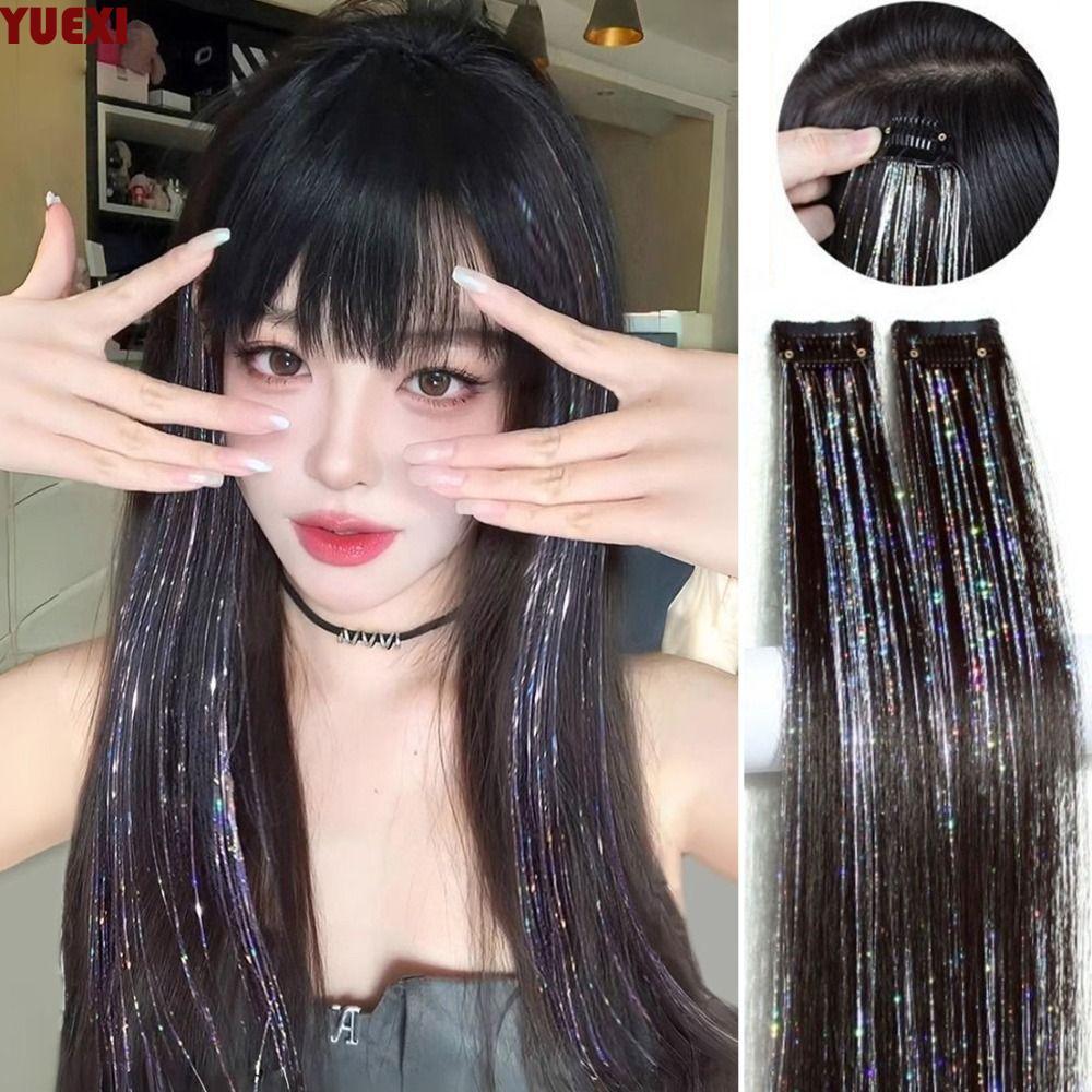 YUEXI Sparkle Shiny Hair Tinsel, Glitter Dazzles Synthetic Hair Extensions, Hair Braiding Tools Fluffy Seamless Invisible Long Straight Hairpieces Women