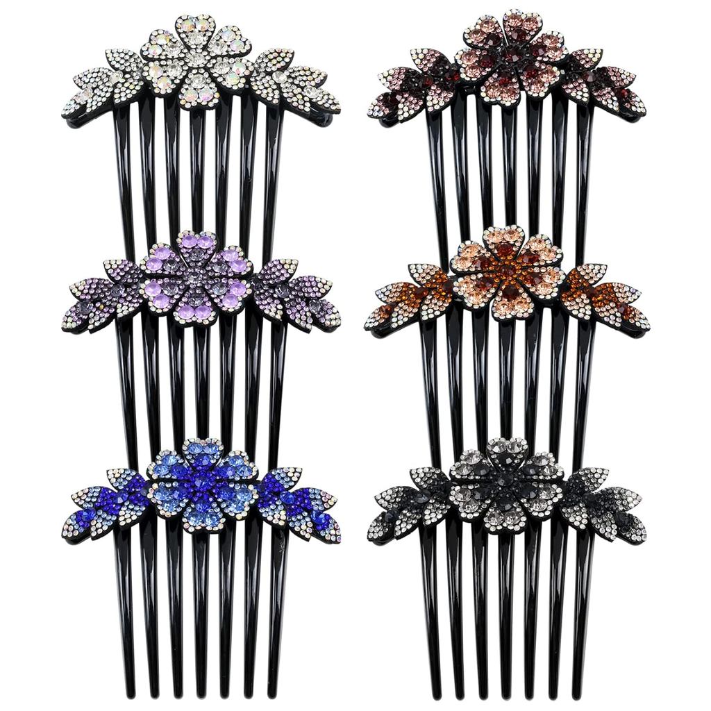 inSowni 6 Pack Luxury Sparkly Glitter Flower Leaf Rhinestone Black Plastic Hair Side Combs French Twist Slides Hairpins with Long Teeth Barrettes Bun Updo Clips Holders for Long Th