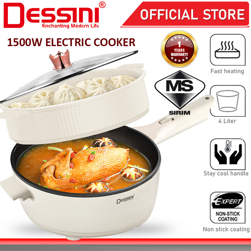 DESSINI ITALY Electric Cooker Steamboat Hot Pot Non Stick Frying Wok Pan Rice Cooker with Steamer Periuk Masak Elektrik