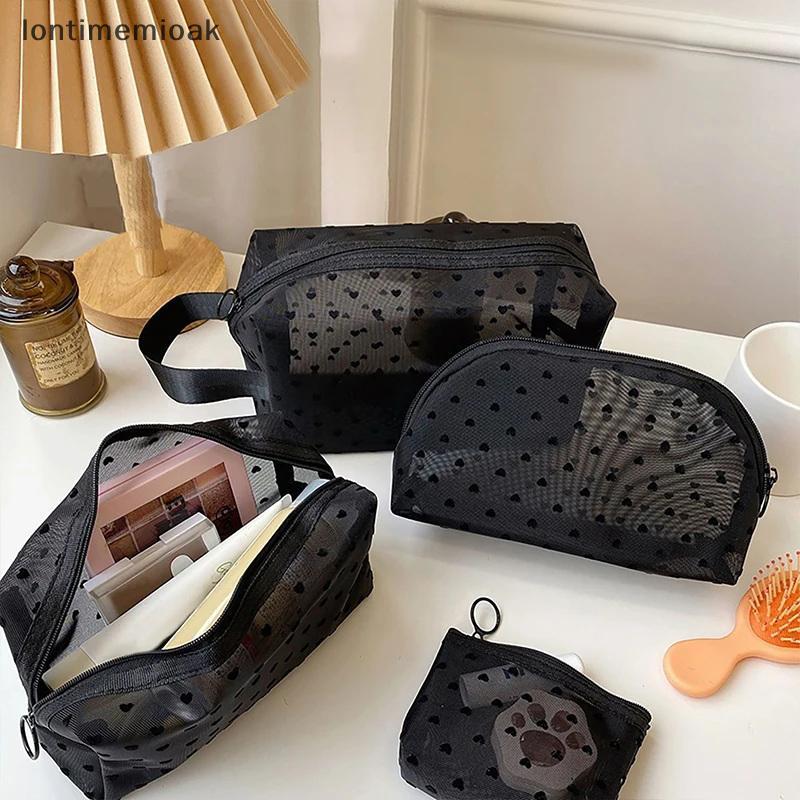 lontimemioak] Love Print Mesh Cosmetic Bag Portable Toiletry Organizer Makeup Bag Multifunction Transparent Women Lipsti Storage Pouch NEW