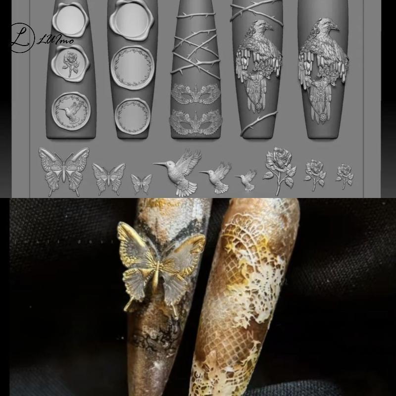 LUImo Silicone Nail Art Mold Retro Crow Rose Butterfly Night Eagle 3D Nail Art Decoration DIY Design Transparent Mold New