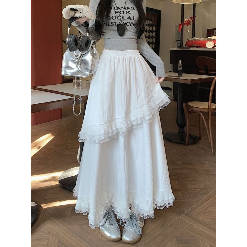 High-Waist Lace Skirt with Cake Stitching and Ruffles - Slimming Drape Design