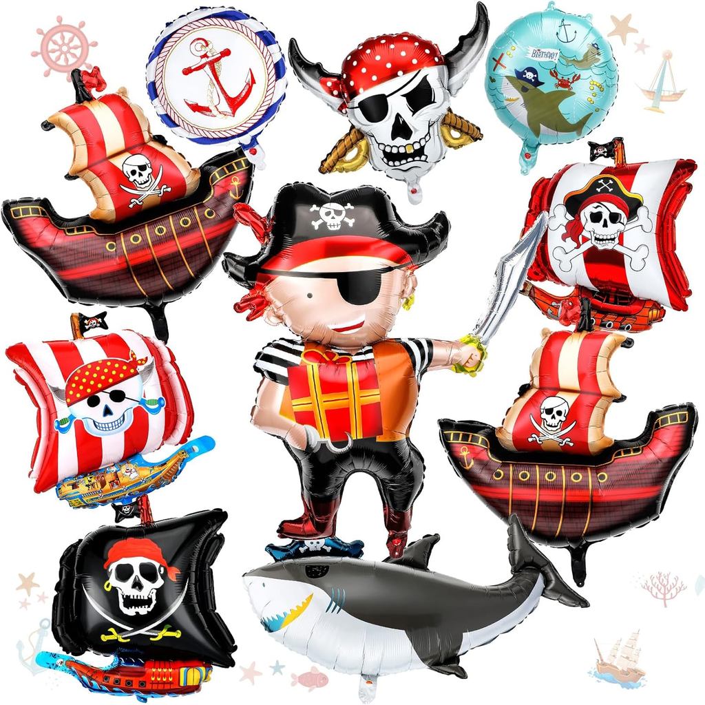 Sosation 10 Pcs Belon Pirate Hiasan Parti Hari Lahir Kapal Pirate Bulat Belon Foil Hiu Rangka Laut untuk Kit Hiasan Lengkung Bertema Dekorasi Latar Belakang Sambutan Bekalan Parti Hari Lahir