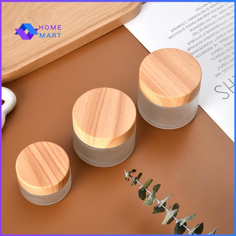 Refillable Frosted Mini Glass Jars with Wood Grain Caps for Cosmetics