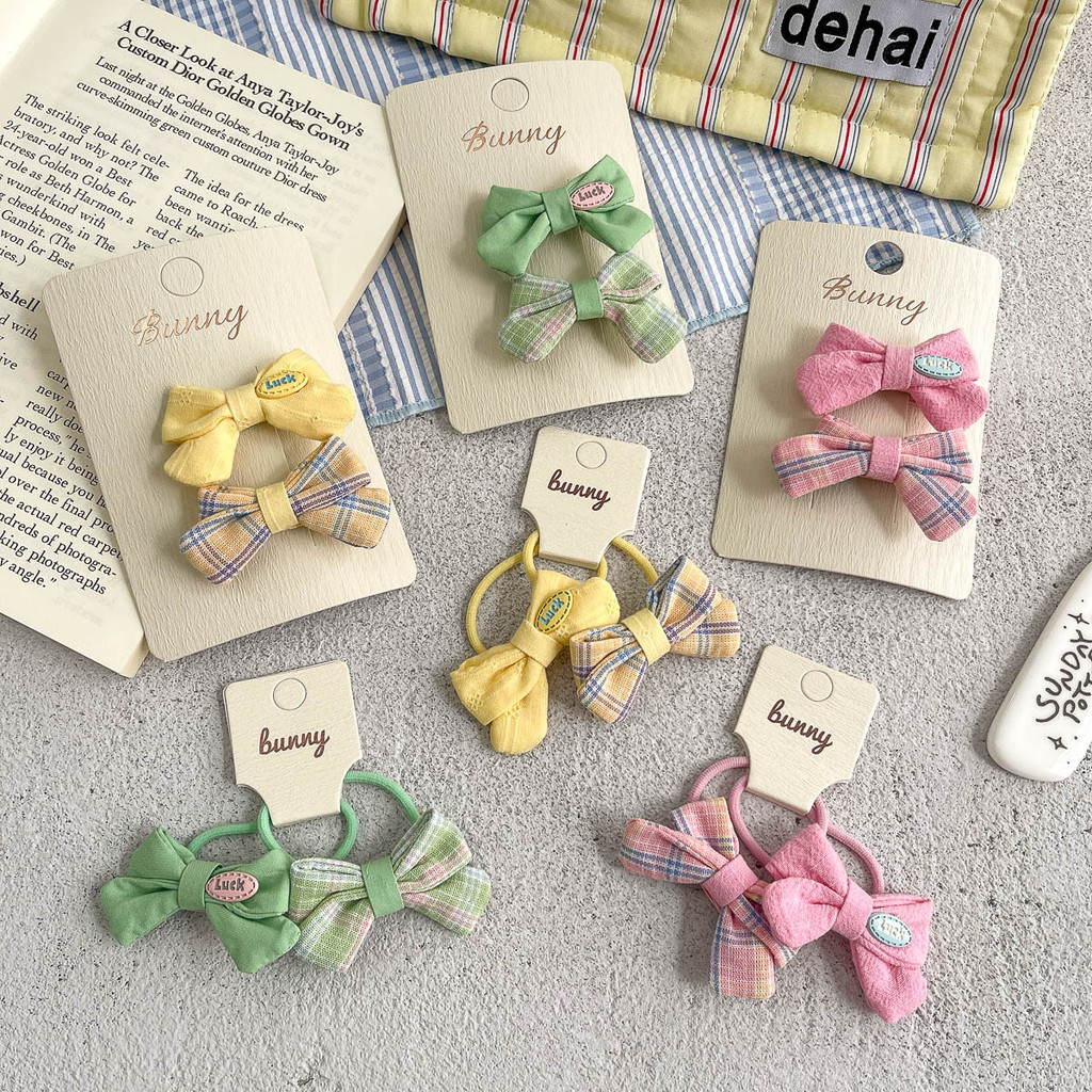 [Promotion] Korean Style Fresh Plaid Children's Hair Clip Bow Hair Ring Sweet Girl Side Hairpin Ponytail Hair Accessories