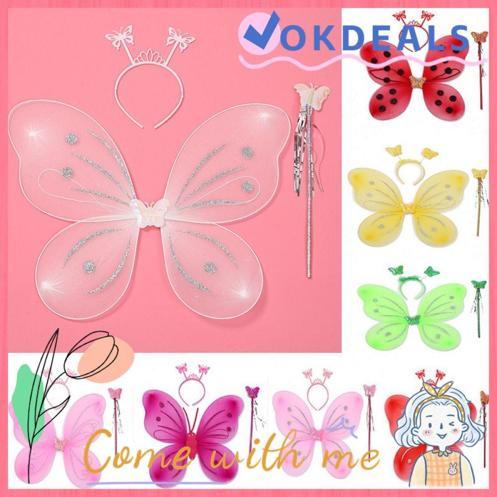 OKDEALS 3Pcs/Set Fancy Dress Girls Kids Dressing Up Party Props Fairy Wing