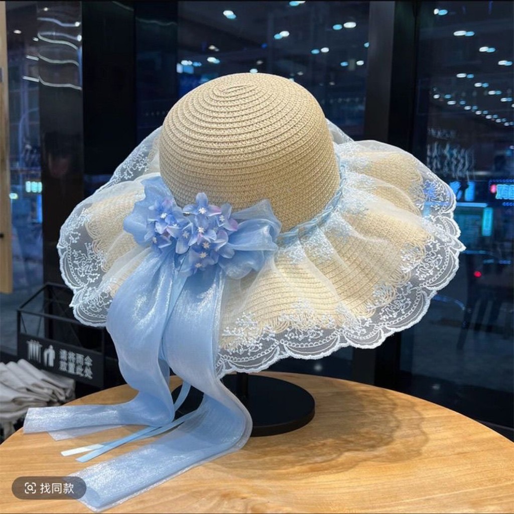 Hat Ladies Summer Seaside Beach Hat Outdoor Travel Sunscreen Straw Straw Hat Lace Bow Western Style M26.04.26 VGFL