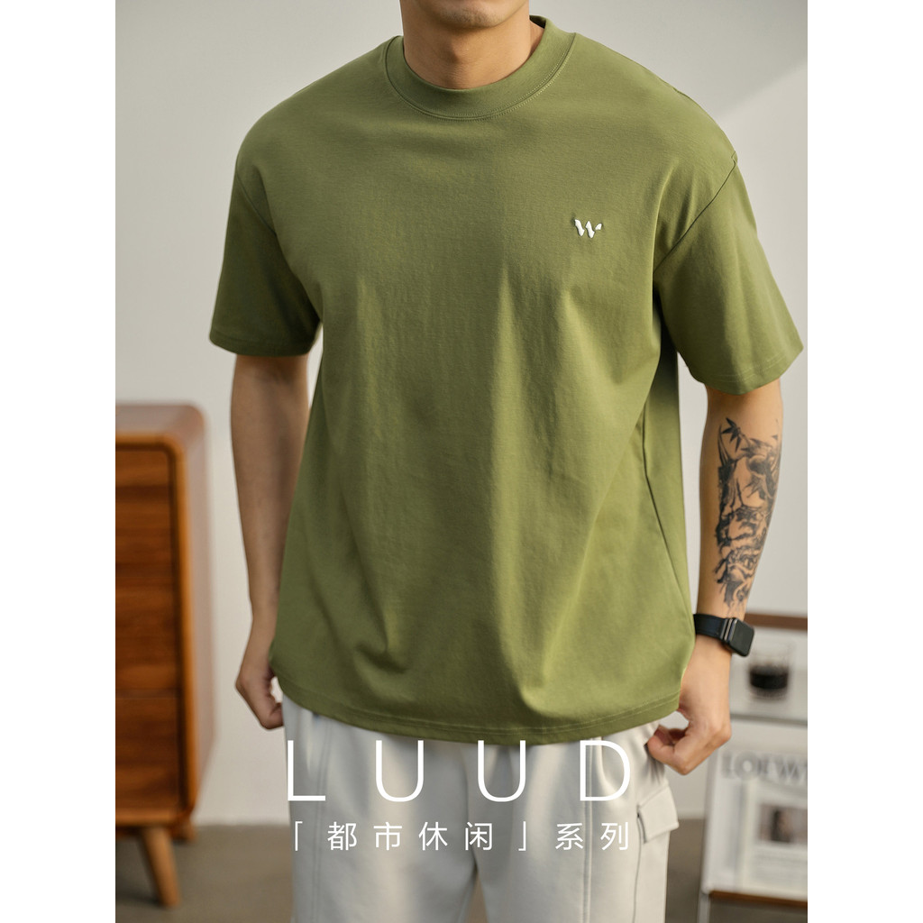 LUUD Mustard Green Youth Trendy Small Embroidered T-Shirt Boys Summer Casual Dropped Shoulder Top Washed Cotton Short-Sleeved