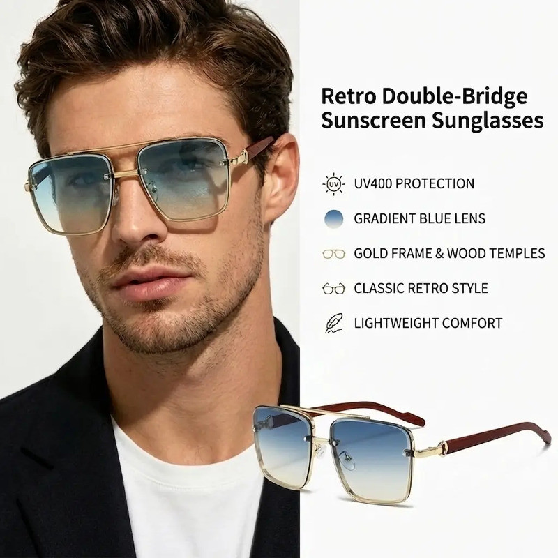 JMY Retro Wood Grain Double Bridge Sunglasses