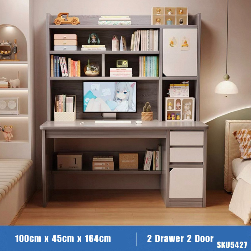 Modern Integrated Student Learning Computer Table 100 / 120cm Desk Bookshelf Multi Compartment And Drawer