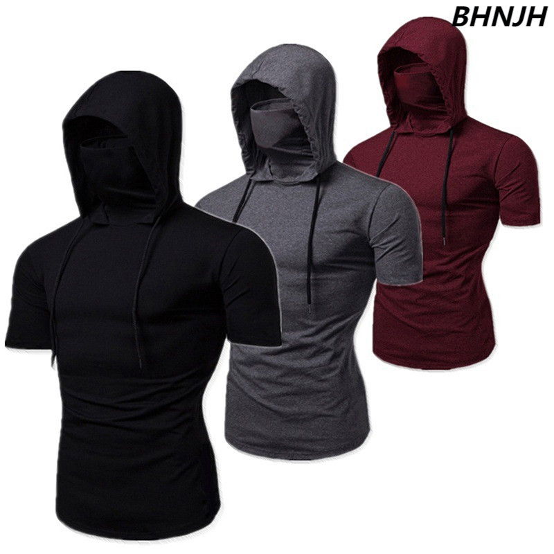 Men's Spring and Autumn Personality Stretch Fashion Pullover Hooded Casual Short-sleeved T-shirt Tight Workout Clothes [KI]