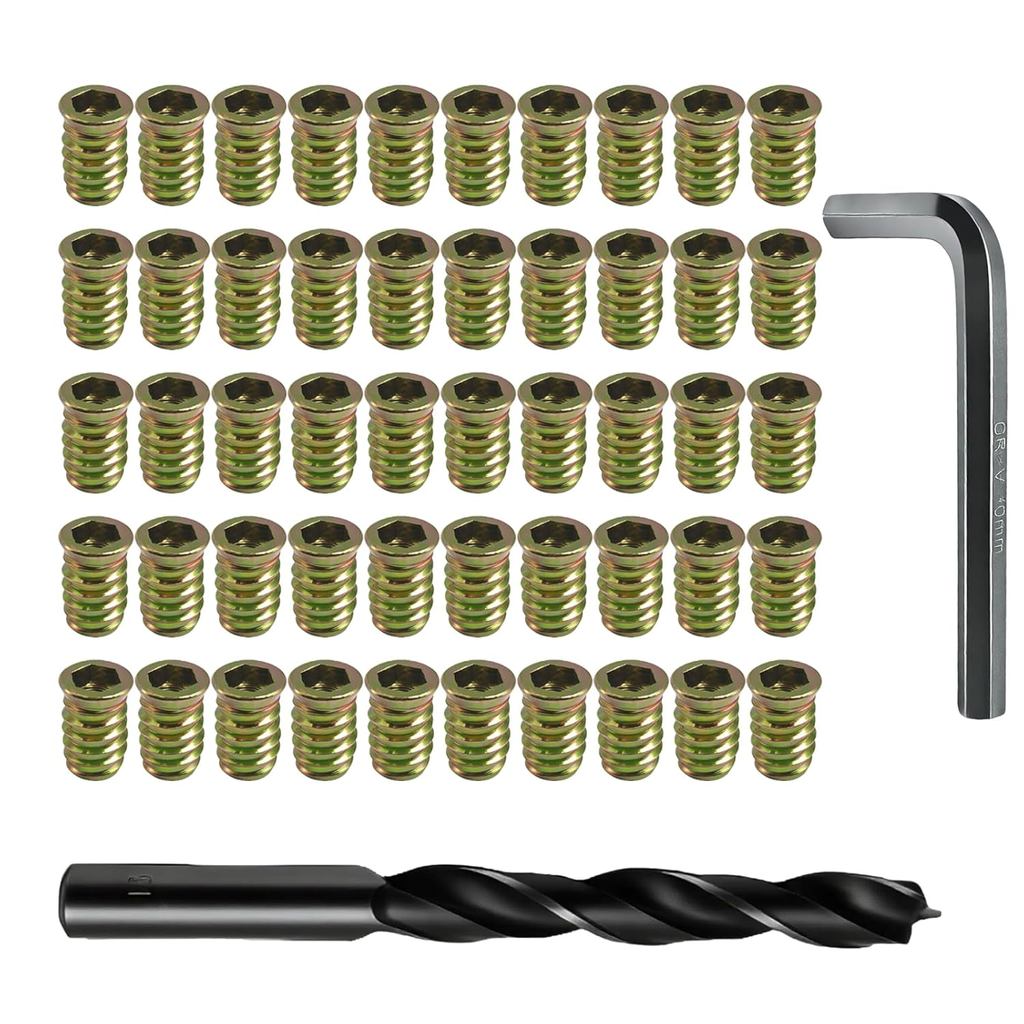 50 PCS Sisipan Berulir 3/8"-16 x 25mm untuk Perabot Kayu, Nat Skru Keluli Karbon Bersalut Zink dengan Pemacu Hex, Termasuk Mata Gerudi 13mm & Kunci Pas untuk Pemasangan Perabot