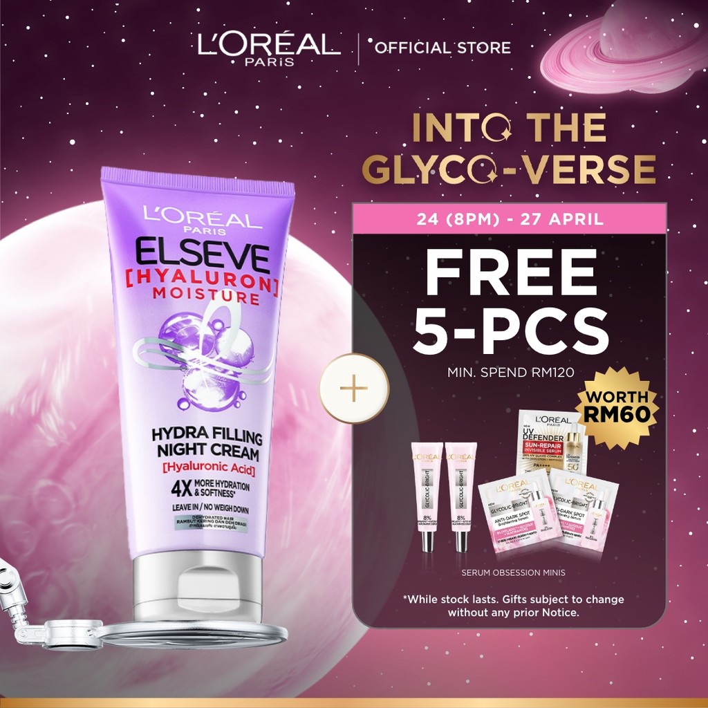 L’Oréal Paris ELSEVE Hyaluron Moisture Hydra Filling Hair Treatment Night Cream for 4x Hydration and Softness 150ml