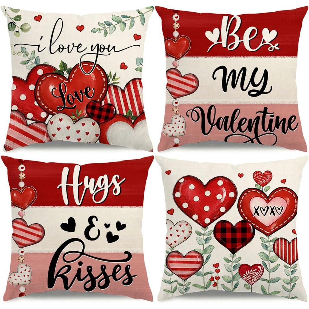 Sarung Bantal Hari Valentine 18x18 Bunga Hati Berjalur Hiasan Hari Valentine Be My Valentine Sarung Bantal Peluk dan Cium Sarung Kusyen untuk Sofa Set Sofa
