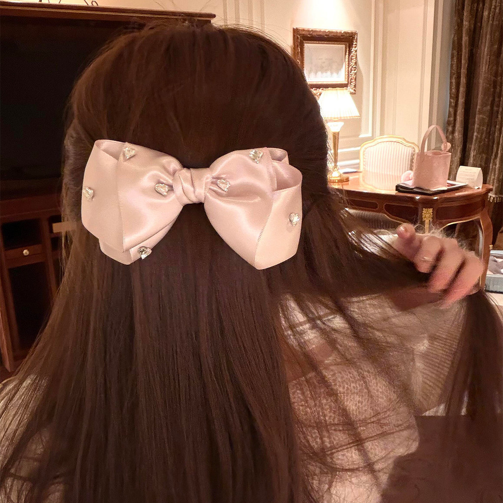 French Daughter Double-Layer Satin Flashing Diamond Bow Hair Clip Female Large Size Spring Clip Hair Accessories All-Match Headdress