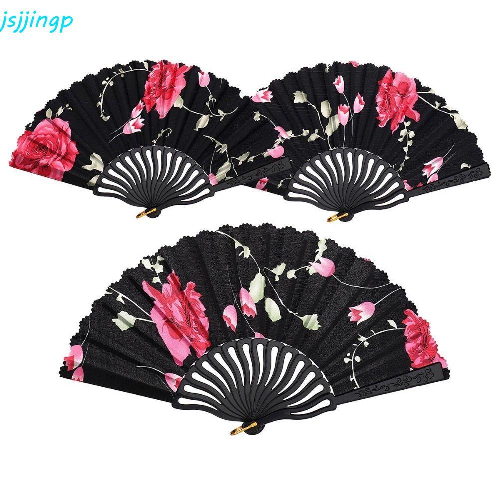JSJJINGP Folding Fan, Plastic Rod Decorative Cloth Hand Fan, Portable with Fan Ring Hollow Dance Fan Hanfu Accessories