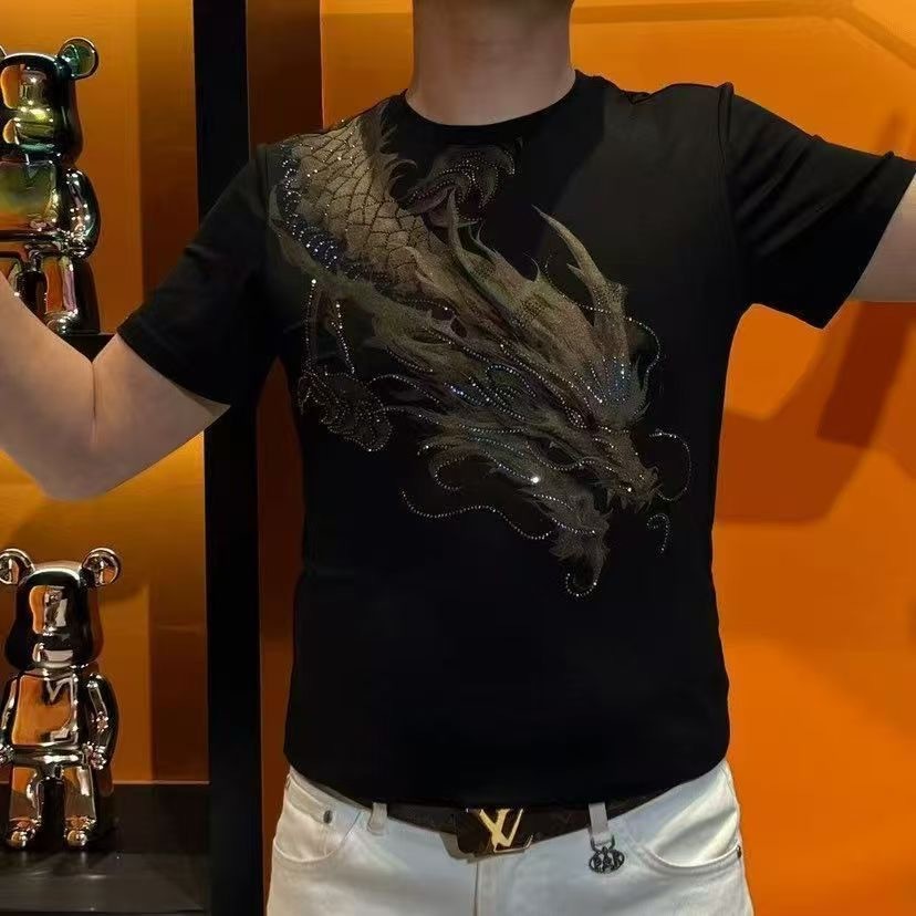 KEMEJA Men's short-sleeved dragon-patterned shirt trendy, stylish, and versatileYANG.