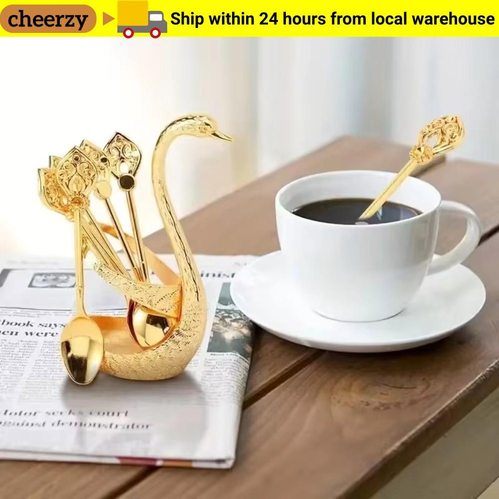 CHEERZY Swan Spoons, Creative with 6 Spoons Swan Base Stand Spoons, Elegant Table Decoration Stirring Mixing Dinnerware Set