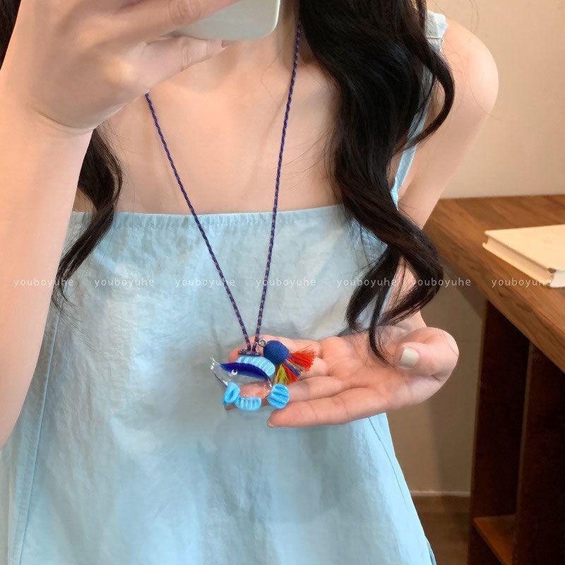 Fun Cute Clownfish Glass Pendant Necklace Female Day Dopamine Long Braided Rope Accessories Niche Design Feel 5.5