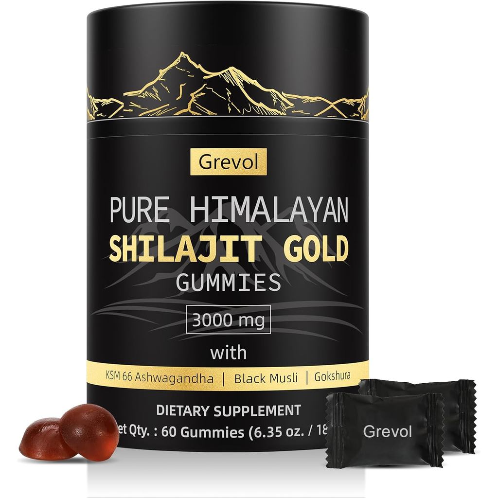 GrevolHimalayanShilajitGummies:GoldGradeShilajitRichedwithAshwagandhaFulvicAcid&85+TraceMinerals-NoAddedSugar-IndividuallyWrapped-forMen&Women-60Gummy