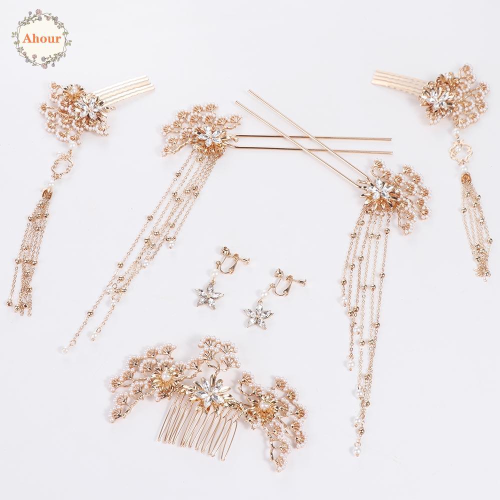 AHOUR Headdress Chinese Fashion Hanfu Earrings Set Chinese Crystal Jewelry Bridal Hair Comb
