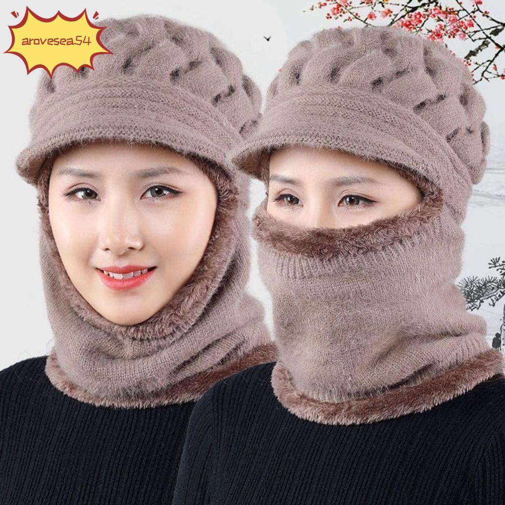 AROVE Women Winter Hat, Woolen Yarn Windproof Scarf Cap, Fashion Plush Thickening Warm Ring Scarf Knitted Balaclava Beanies Outdoor