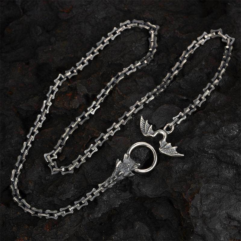 rantai leher rantai leher lelaki Niche Hand-Designed S925 Sterling Silver Retro Keel Necklace Men Style Domineering Evil Flying Dragon Head Plain Silver Necklace