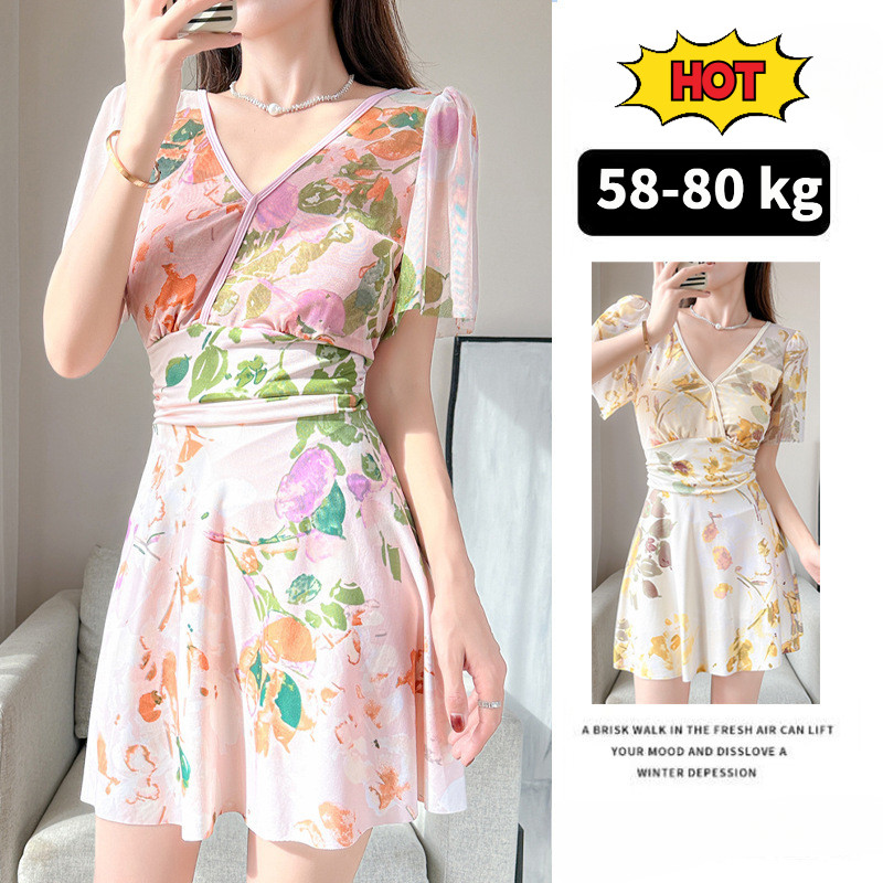 Baju Renang One Piece Tutup Aurat Slimming Tummy Control High Waist untuk Perempuan Gemuk Sikit Korean Style Conservative, Full Coverage Swimwear Hot Spring