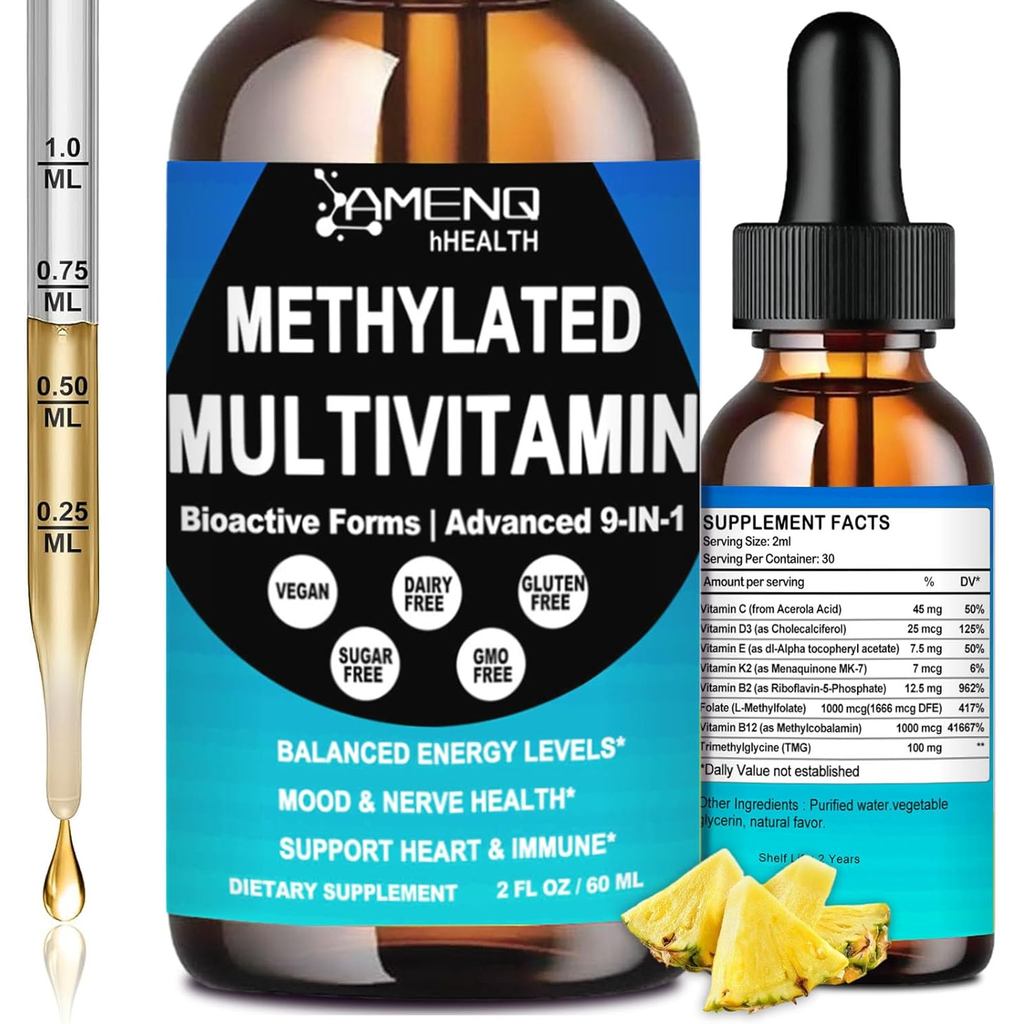 Methylated Multivitamin for Men Women & Kid, Advanced 8-in-1 Methylated B Complex w. VIT C D B12 Folate & TMG for MTHFR Energy Brain, Daily Methylated Vitamin Liquid Drop 6X Strong