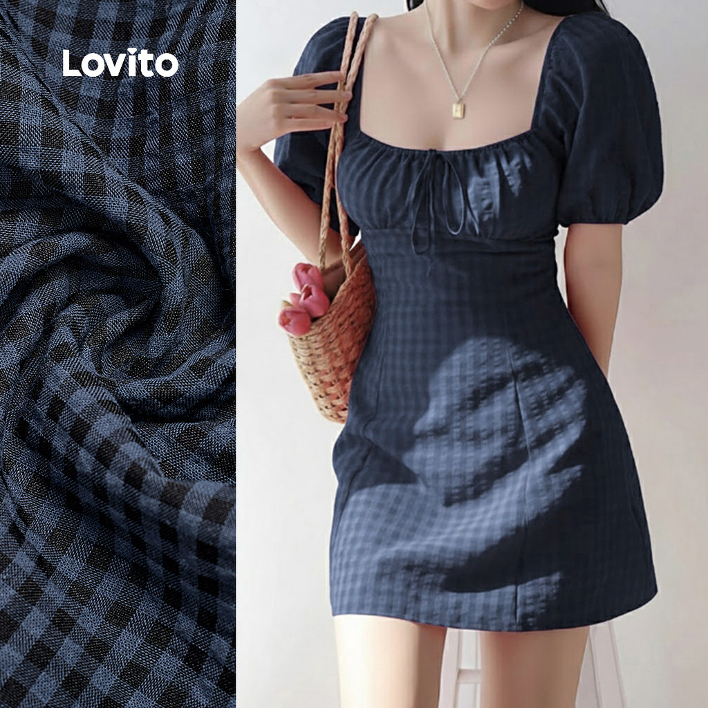 Lovito Casual Dress Commute Leisure Jacquard Spring/summer Blue Dress for Women L164ED070 Lovito Pakaian Kasual Perjalanan Santai Jacquard Musim Bunga/musim Panas Gaun Biru Untuk Wanita L164ED070