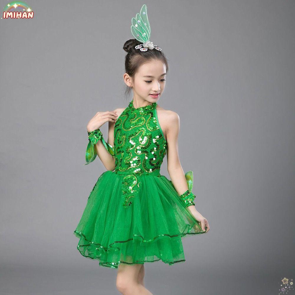 IMIHAN Children Ballet Dance Dress, Green Sequin Modern Dance Princess Dress, Fashion with Headwear Wristband Dance Suit Romantic Performance Costume Kids Girls