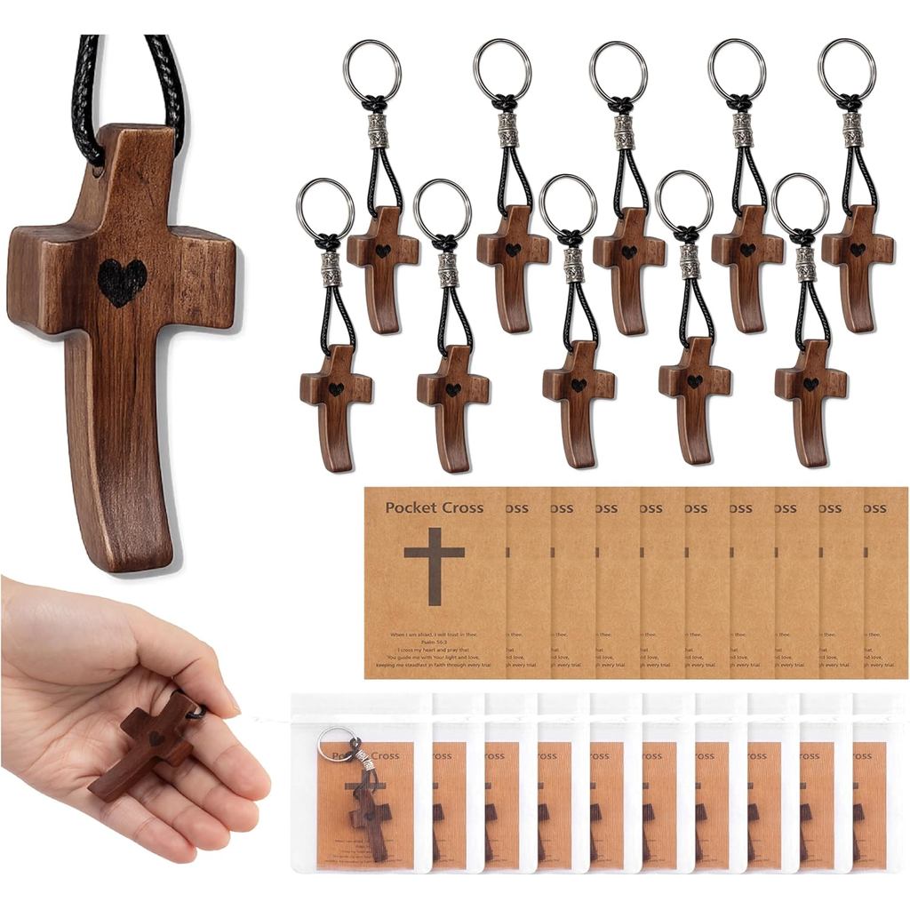 10pcs Pocket Wooden Cross Fidget: Rantai Kunci Kayu Kecil Berbentuk Salib dalam Kuantiti Banyak dengan Beg Organza dan Kad Doa - Salib Penghilang Tekanan My Heart untuk Hadiah Hari Paskah Keagamaan Kristian
