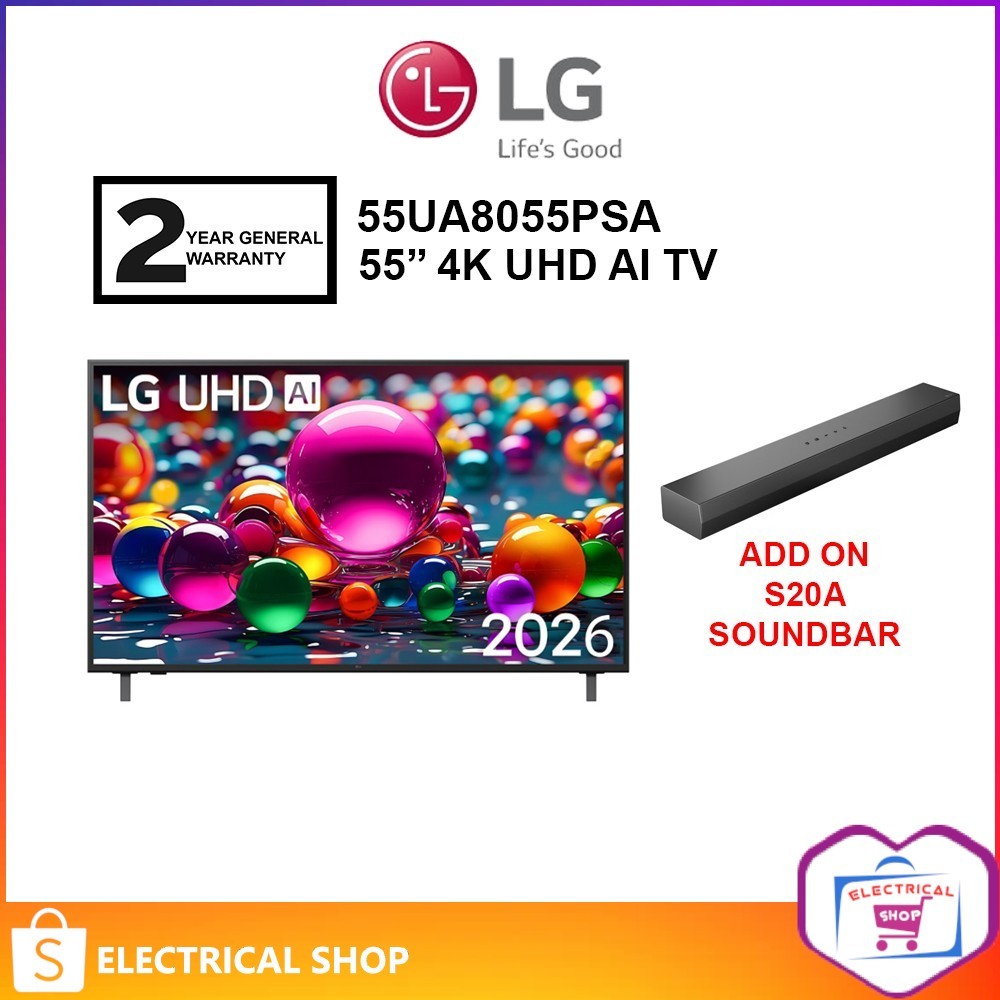 LG 55'' 4K 55UA8055PSA UHD AI TV UA80 HDR10 (2026) Television + (ADD ON) Soundbar S20A 2.0ch sound bar