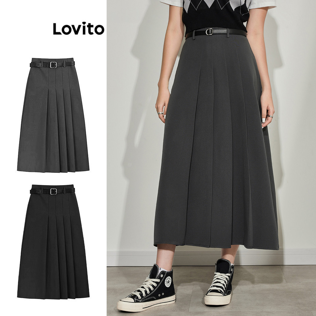 Lovito Casual Skirts Plain Pleated Asymmetrical Skirt for Women L45AD051 (Grey)