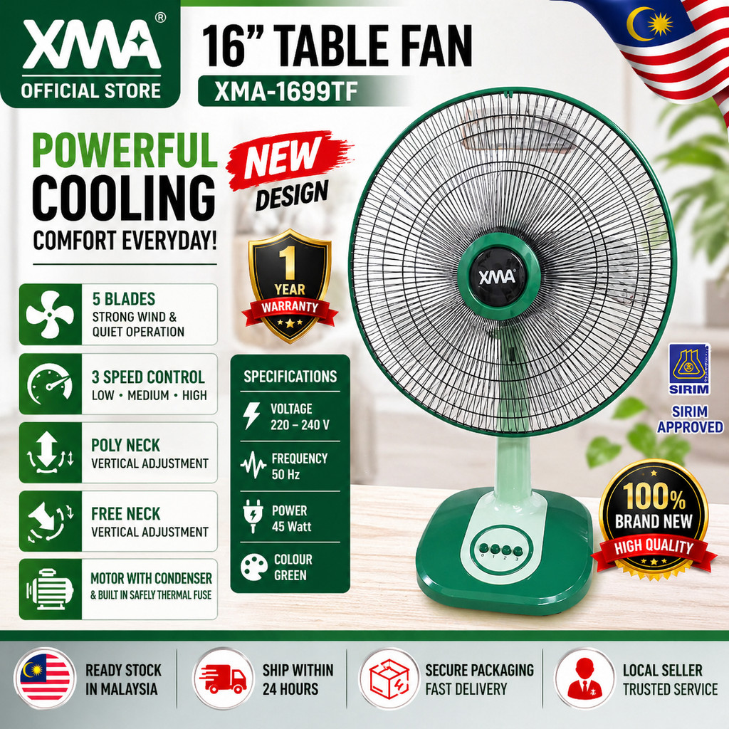 XMA 16” Table Fan Kipas Meja | 5 Blade 3 Speed Fan | SIRIM Approved | Premium Table Fan Malaysia