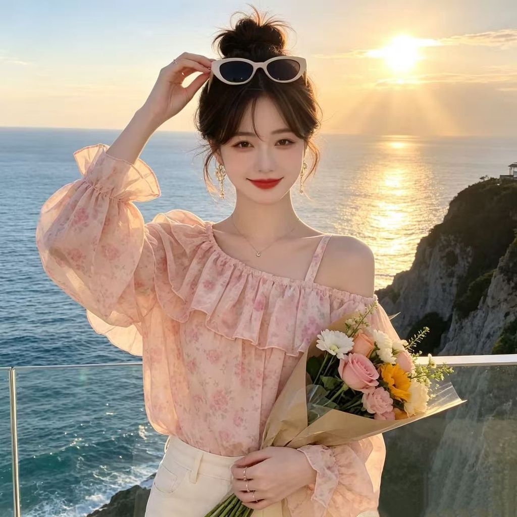 One-Shoulder Chiffon Shirt Ruffled Long-Sleeved Shirt Women Summer Sunscreen Clothing Tulle Outer Wear Short Floral Top Women