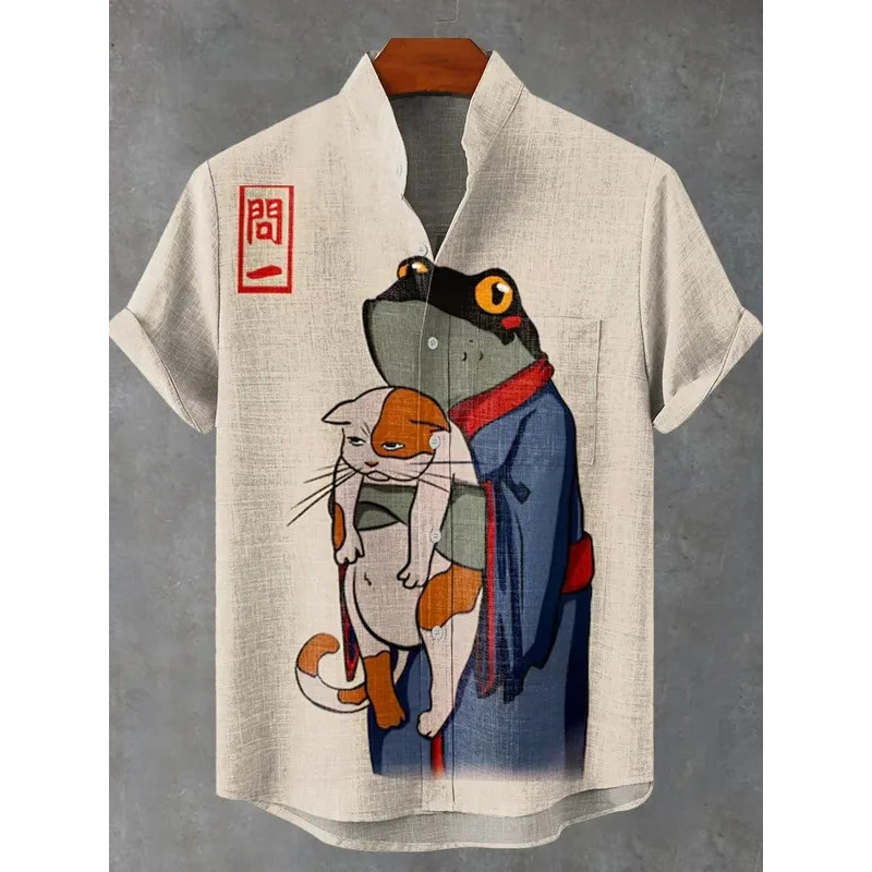 2025 Summer Japanese Frog Retro Art 3D Printed Casual Fashion 100% Linen Men's Stand up Collar Short Sleeve Shirt BXUW