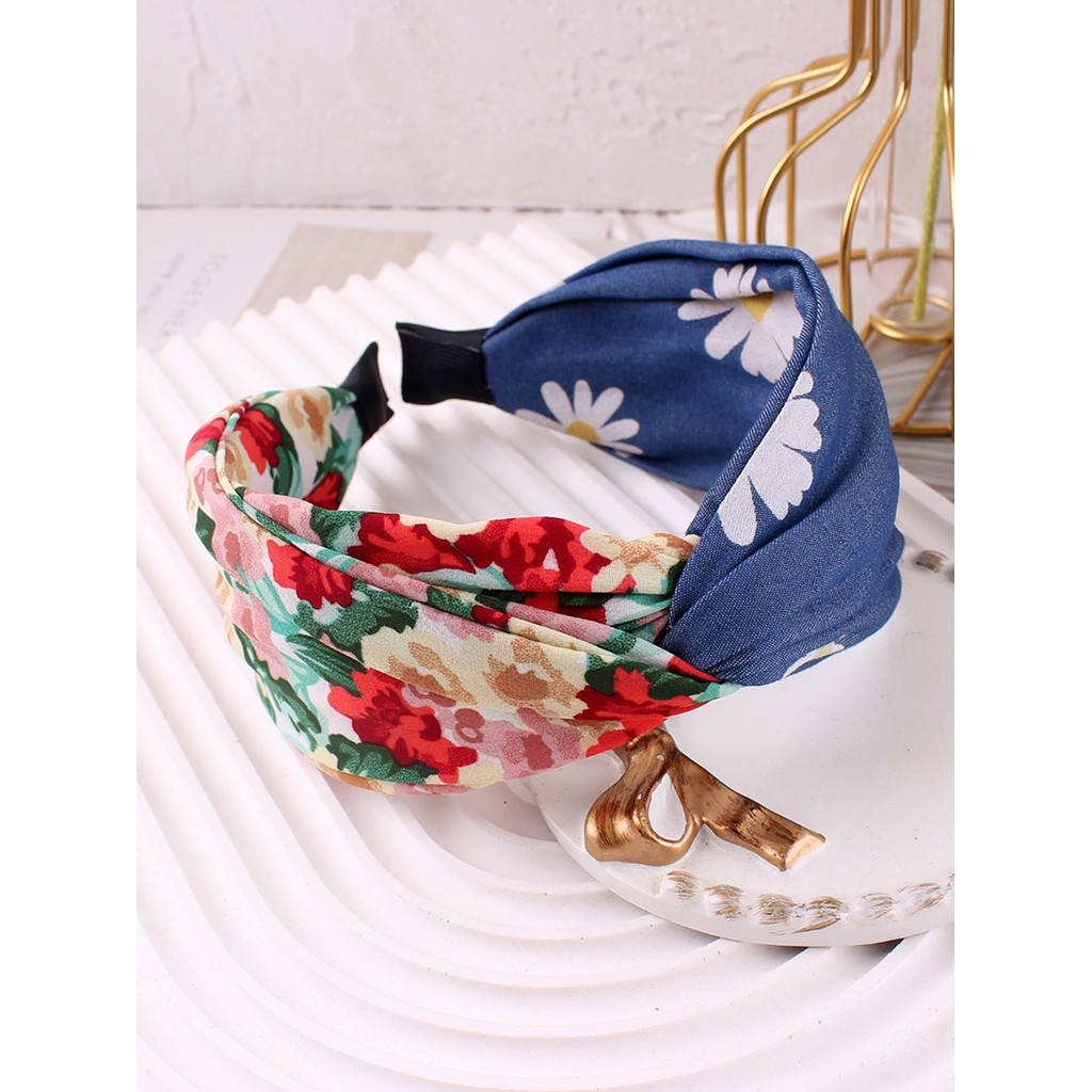 Wide-Brimmed Floral Denim Color Cross Contrast Color Korean Retro Headband Pressed Hair Headdress Simple Headband Hairpin Headband Sweet