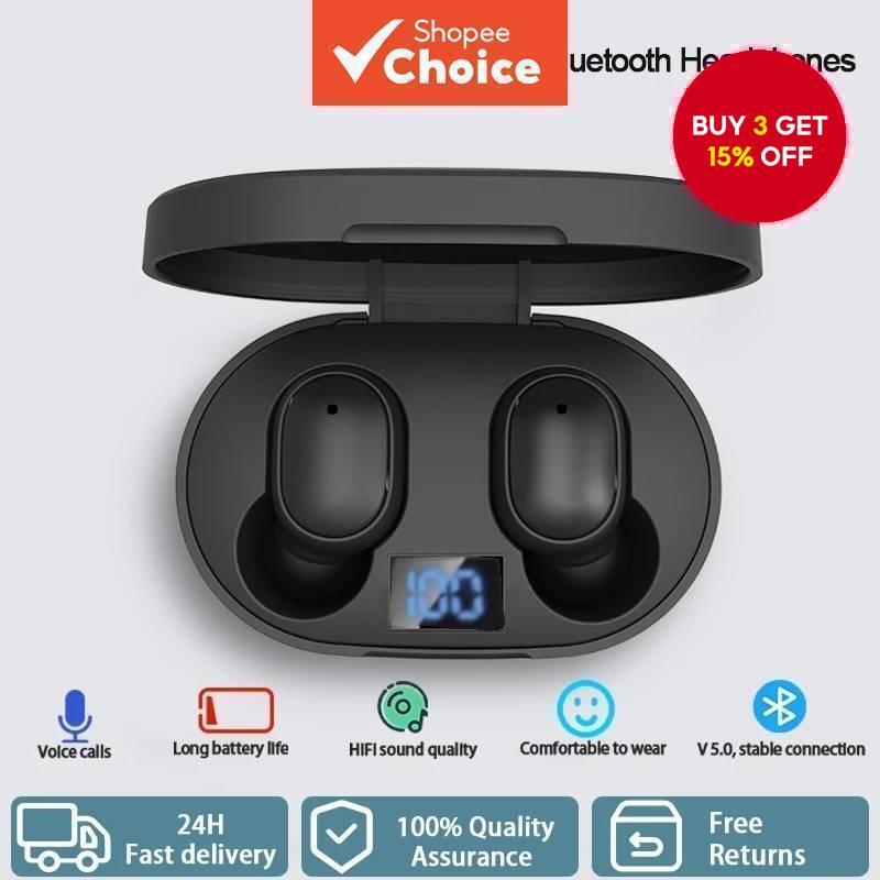 E6S Earphones TWS Wireless Earbuds 9D Stereo Sound LED Display Waterproof Noise Reduction Headphones Smartphones Sport Music Headsets