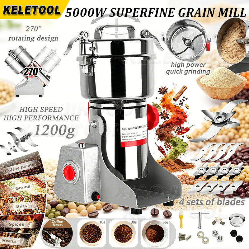 Mesin Pengisar Kering 1200G Stainless Steel Electric Grain Grinder Big Capacity Dry Food Powder Crusher Mesin Pengisar Rempah Serbuk Kisar Cili Kering Home Commercial Use 磨粉机