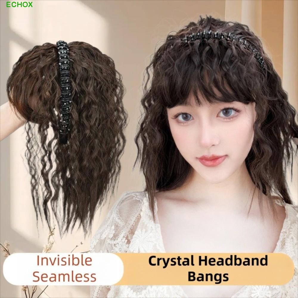 ECHOX Crystal Headband Bangs, Realistic Hair Extension Synthetic Hair Bangs, Invisible Fake Bangs Hair Loss Clip In Fringe Hair Pieces Cover White Hair